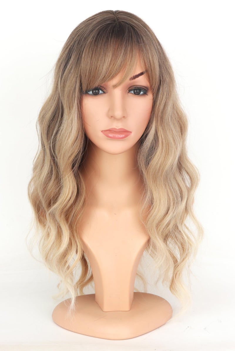 SYMEIW Ombre Dirty Blonde Wavy Wigs With Bangs For Women Medium Long Ash Blonde Synthetic Wigs For Daily Use Dirty Blonde